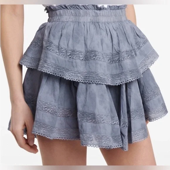 LoveShackFancy Ruffle Mini Skirt in Washed
Denim Hand Dye size L NWOT - Picture 3 of 8